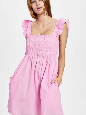 French Connection Isla Poplin Flutter Sleeve Dress in Begonia Pink with Pockets